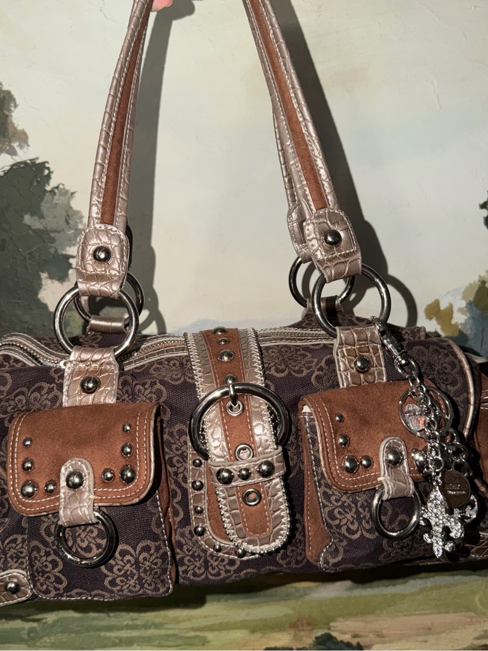 Kathy van zeeland Brown & Tan Patterned Women's Shoulder Bag with Stud Details